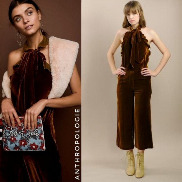 Anthropologie Pants - Kristinit Anthropologie Velvet Ruffle Halter Jumpsuit Copper Large H13128
